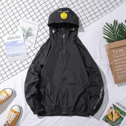 Fall mens thin Hoodie Jacket fashion smiley letter print coat casual sun suit hip hop Street mens wear 3XL