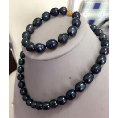 AAA 10-13MM SOUTH SEA BLACK PEARL NECKLACE 18"BRACELET 7.5- 8" 925silver GOLD