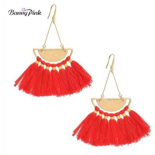 Banny Pink Bohemia Cotton Tassel Earrings For Women Ethnic Geo Pendant Dangle Earrings Handmade Drop Earrings Fashion Jewelry