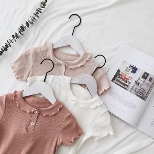 Casual Girls Shirt Summer Short Sleeve Kids Turn-Down Collar Pullovers for Girls Clothes Children Bottom Shirt 2-7 Yrs