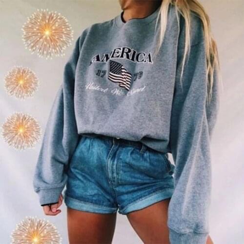 Gray American Flag Letter Print Vintage Crewneck Sweatshirt Women Long Sleeve Loose Sports Casual Clothes for Teens Autumn Tops