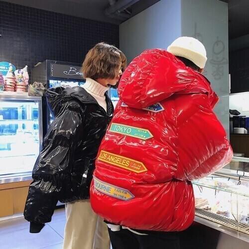 Winter Light Noodles Cotton-padded Clothes Lovers Bread served Korean Edition letter patchwork loose casual thickened coat