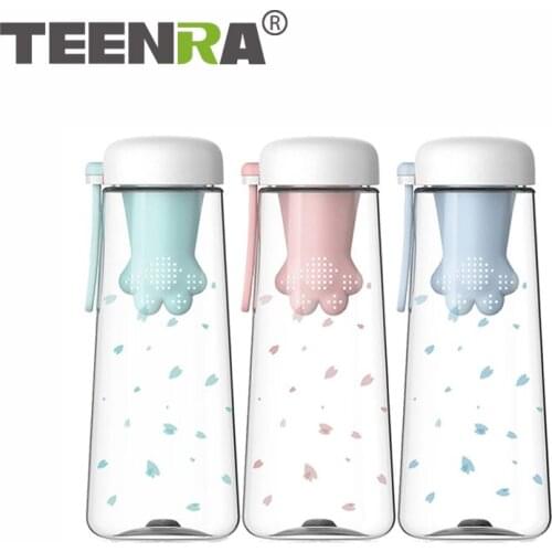TEENRA Creative Cat Paw Water Bottles Transparent plastic Cup with tea strainer Outdoor Sports Cat Paw Water Bottles