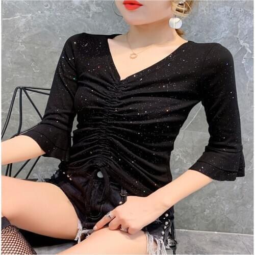 Sequins Latin Dance Practice Clothing Female Adult Sexy V-neck Top New Profession Black Modern Dance Performance Training Shirts