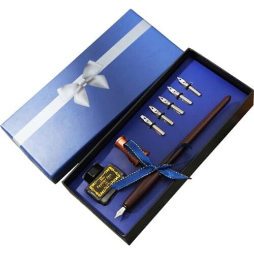 W3JD Wooden English Calligraphy Dip Pen Fountain Pens Holder with Ink Nibs Set Office