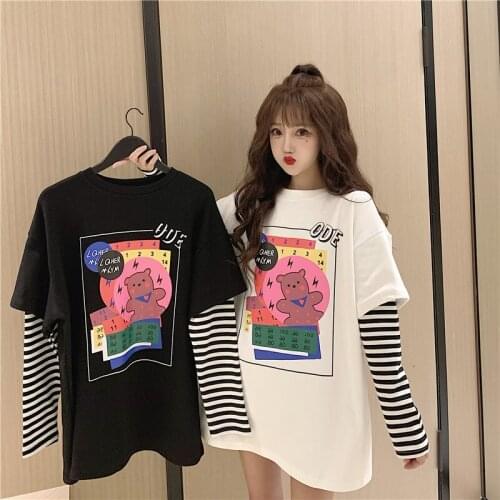 Autumn new style Korean loose striped o-neck white bear print long-sleeved fake two-piece t-shirt for women
