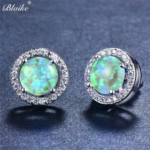 Blaike 8MM Round White/Blue/Green Fire Opal Four Claw Stud Earrings For Women Men White Gold Filled Color Birthstone Earrings