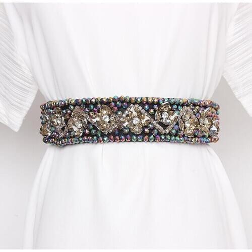 Womens runway fashion rhinestone beaded elastic Cummerbunds female Dress Corsets Waistband Belts decoration wide belt R2966