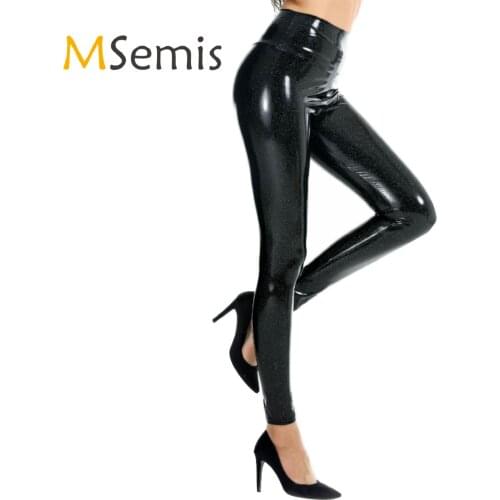 Womens Ladies Fashion Glossy Patent Leather Skinny Pants Wet Look High Waist Leggings Trousers Music Festival Clubwear