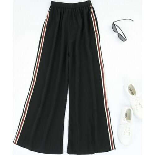 Womens 100% Pure Silk Elastic Waist Loose Type Wide Leg Long Pants Trousers with stripes JN434