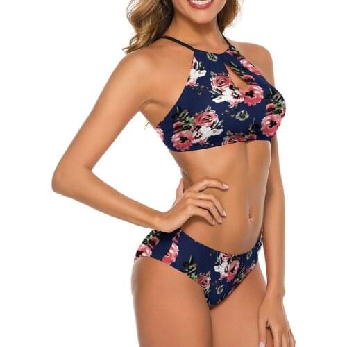2021 Women Flower Print Swimsuit Two Piece Bandage Thong Backless Bikinis Sexy Push Up Beach Wear Summer Bathing Swimming Suit
