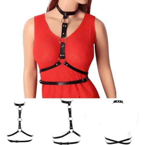Womens Belt Restraint Neck Sexy Goth Punk Tops Leather Harness Garters Hollow Bra Stocking Body Bondage Erotic Fetish Lingerie