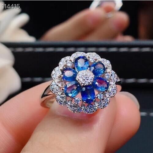 Elegant big round Flower Natural blue sapphire gem ring S925 silver natural gemstone ring girl women party gift fine jewelry