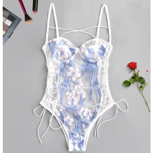 Embroidered Womens Lace One-piece Bodysuit Underwear with Spaghetti Strap Open Back Sexy Girl Bra Set Temptation Onesie