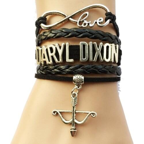 10pcs Infinity Love The Walking Dead Daryl Dixon Bracelet- Black Leathe Wrap Arrow Bow Charm Friendship Gift
