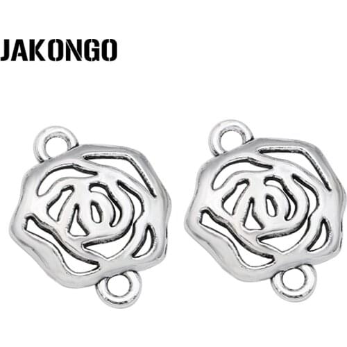 JAKONGO 10pcs Antique Silver Plated Rose Flower Charm Connector for Jewelry Making Bracelet DIY Accessories 20x16mm