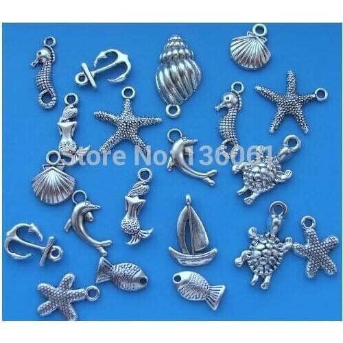 100Pcs Mixed Vintage Silver Ocean Animal Seahorse Shell Fish Mermaid Turtle Charms Pendant For Jewelry Making Bracelets Craft