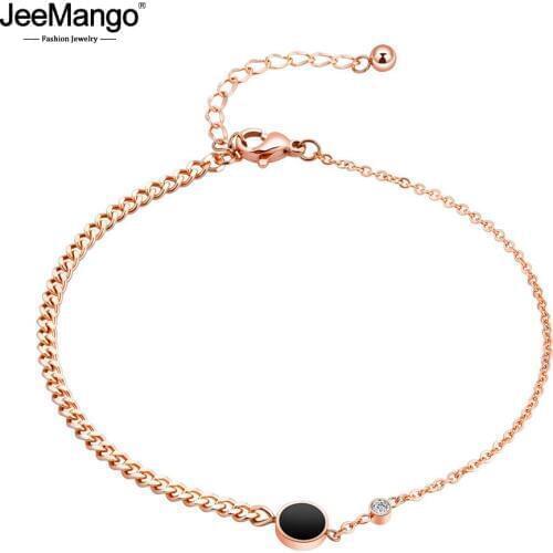 JeeMango Trendy Rose Gold Color Love Black Circle Anklets For Women Titanium Steel Foot Link Chain Anklet Female Jewelry JA19041