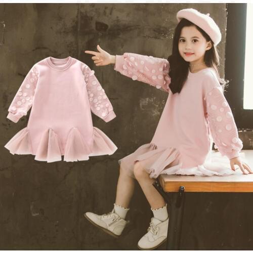 2020 New Arrival Ruffle Lace Sweatshirts Dress Winter Autumn Children Petal Sleeves Thick Pink Sweatshirt for Girls Warm Clothes