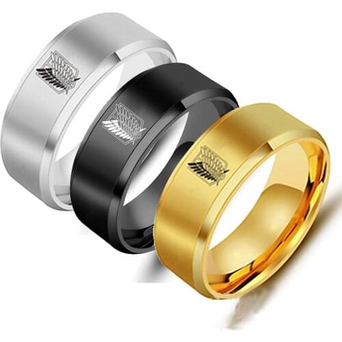 8mm Attack on Titan Black sliver Stainless Steel Ring Wings Of Liberty Flag Finger Rings For Men Women Jewelry Anime Fans