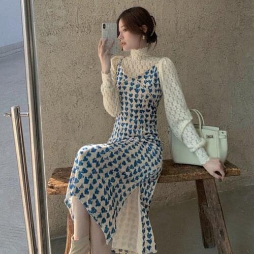 Two Pieces Set Dresses Women alf high neck lace bottoming shirt-Sling Split fork Dress2021Spring and Autumn LadiesOffice Dress