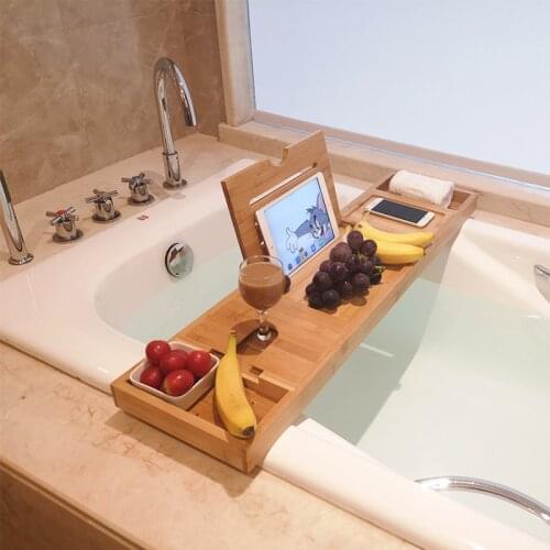 Bathtub Caddy Tray Basket Book Wine Tablet Holder Bathroom Storage Shelves Racks Bamboo Drain Shelf Nonslip Sink Bathtub Tray