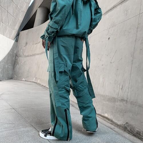 High street green pants men Zippers Punk rock Stylish hiphop trousers Loose Big pockets Spring Summer Autumn