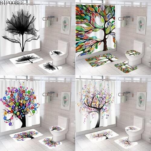 Colored Tree Printing Shower Curtain Set Bath Mats Rugs White Bathroom Curtains Pedestal Rug Toilet Lid Cover Non-Slip Mat