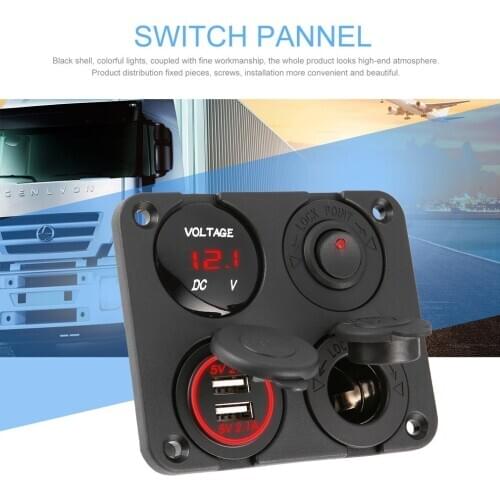 New Dual USB Ports Car Charger + LED Voltmeter + 12-24V Power Socket + On-Off Switch 4 in 1 Car Marine Boat LED Switch Panel