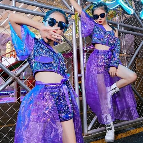 2020 Jazz Dance Clothes For Girls Hip Hop Catwalk Stage Outfits Children Hiphop Modern Dance Clothes Sliver Sequin Set DQS5970