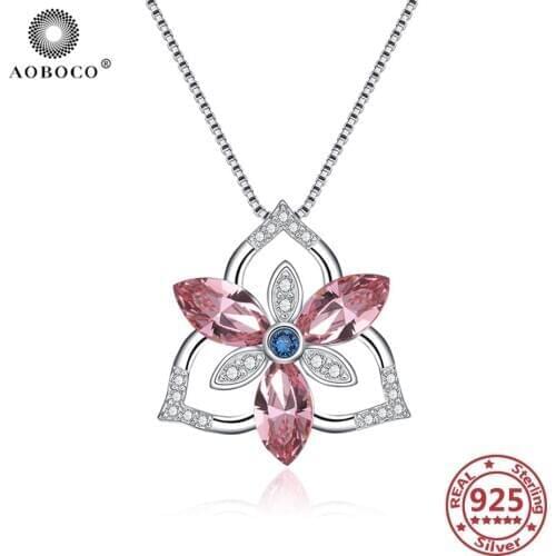 AOBOCO 925 Sterling Silver Flower Crystal Necklaces Crystal Zircon Pendant Necklace Mothers Day Gift Moms Gift Womans Jewelry