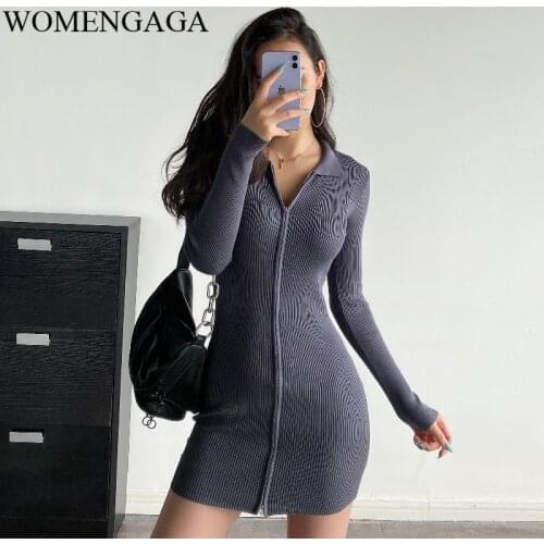 WOMENGAGA Sexy Tight Turn-down Collar Knitted Hip-wrapped Slim Small Temperament Full Sleeve Mini Dress Womens Autumn U9IB
