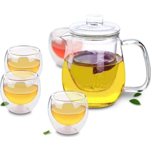 Clear Tea Set -750ml Heat Resistant Glass Teapot +4x 80ml Double Wall Tea Cups