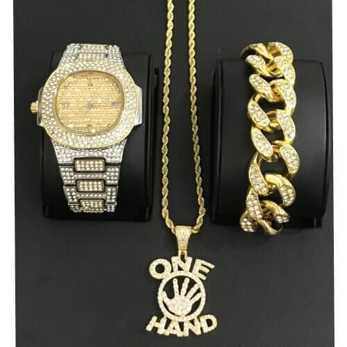 Luxury Men Watch Hip Hop Men Jewelry Watch & Bracelet & Necklace Combo Set one hand Pendant Ice Out Cuban Bracelet For Men