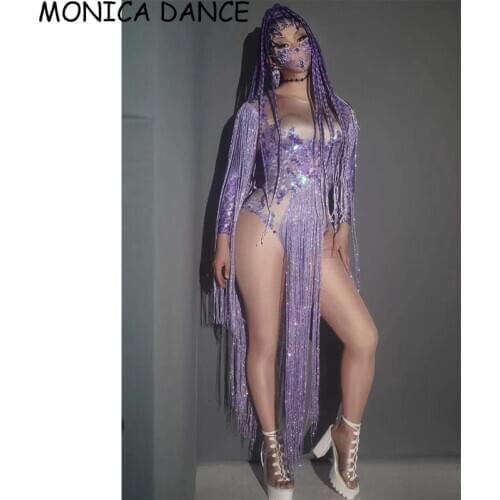 Sexy Stage Purple Sequin Spandex Tassel Bodysuit Women Dancer Wear Birthday Celebrate Costume Latin Dance Prom Outfit
