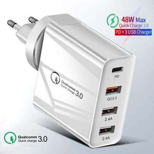 48W Multi Port Charger Plug PD USB C +QC 3.0 Fast Charging For iPhone12 Xiaomi Mobile Phone Wall Travel US EU UK AU Plug Adapter