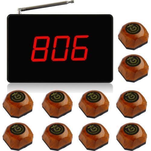 SINGCALL Calling System, Wireless Vibrating Restaurant Call Button System,1pc Black Host ,10 Wood Pagers with Single Button