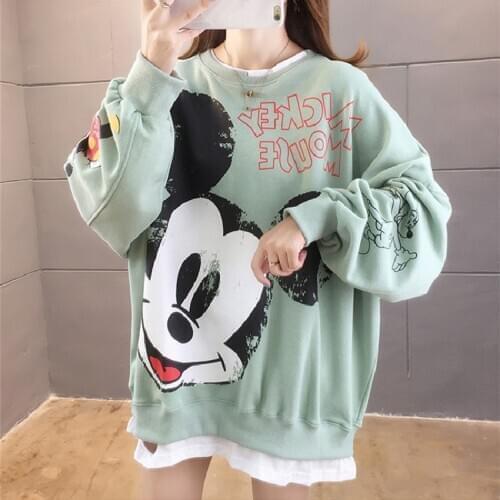 Disney Women Hoodies Mickey Mouse O-neck Long Sleeve Sweatshirts Autumn Winter Fake Two Piece Hoodies Female Casual Warm Hoodies