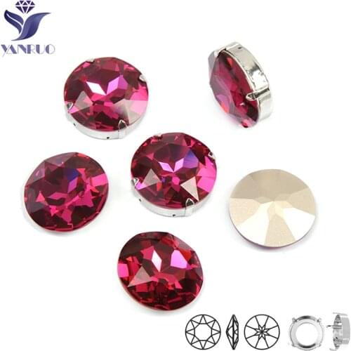 YANRUO 1201 Rivoli 27mm Fuchsia Sew On Rhinestones Glass Needlework Crystals Big Diamond Sewing Applique on clothes