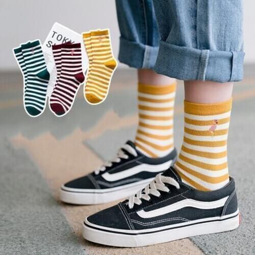 Woman Flamingo Embroidered Ankle Socks Students Soild Cotton Socks Crew Sock Girls Embroidery Cotton Striped Ankle Socks 5 Pair