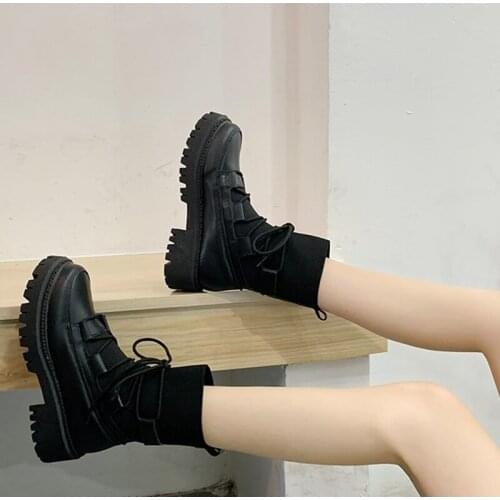 Women Ankle Boots Ladies Lace Up Shoes PU Autumn Winter Knitted Platform Vogue Comfortable Ladies New Footwear Botas New