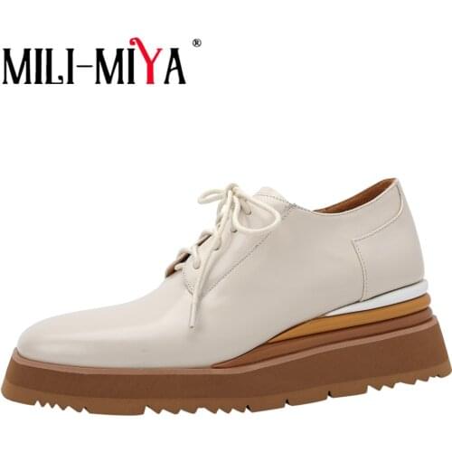 MILI-MIYA Women Anti Slip Oxford Casual Shoes Classic Style Platform Wedge Heel Patent Leather Lace Up Square Toe Fashion Pumps