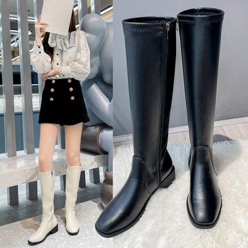 Womens Knee-length Boots Korean Style Solid Color Square Toe Zipper Thick Heel High Boots
