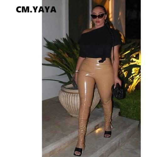 CM.YAYA Women Bright Faux Leather Zipper Slit Side Ruched Pants Leggings High Waist PU Stacked Trousers Draped Streetwear Pants