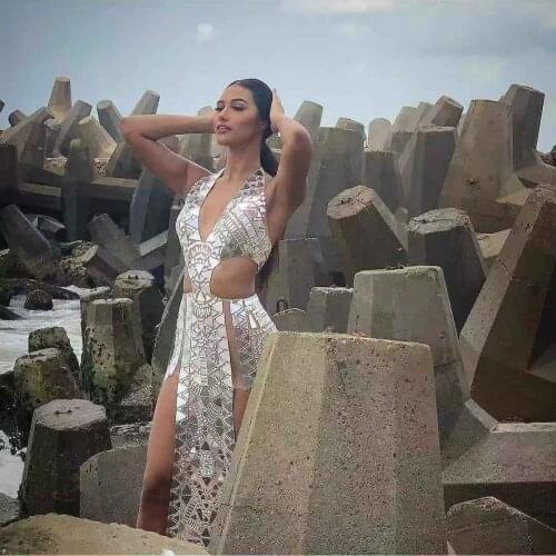 Sparkly Rhinestones Mirrors High Split Long Dress Women Stage Wear Sexy Performance Costume Evening Gown Prom Party Outfit