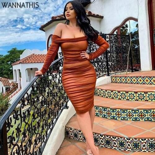 WannaThis Off-Shoulder Kneel-Length Womans Dress Long Sleeve Ruched Elegant Tube Bodycon Sexy Casual Solid Evening Vestido 2021