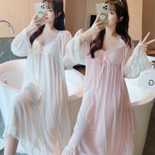 2PCS Cotton Sexy Lace Lingerie Nightgown Robe Sets for Women 2021 Summer Autumn Bathrobe Sleepwear Nightdress Night Dress Nighty