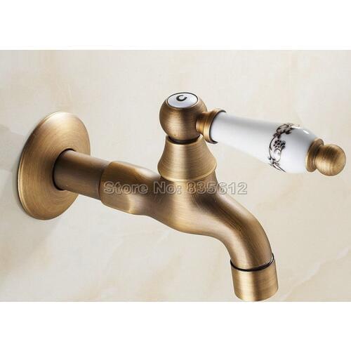 Antique Brass Wall Mounted Flower Pattern Ceramic Handle Mop Pool Faucet / Laundry Sink Cold Water Tap Wav133