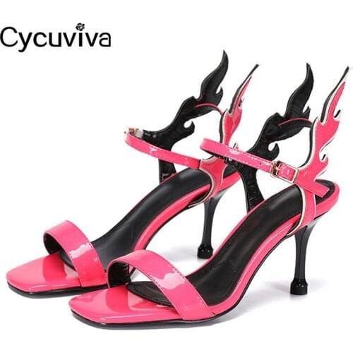Designer Flame Wings High Heel Sandals Women One Belt Gladiator Sandals Femme Red Leather Mules 2020 Summer Dress Ladies Shoes