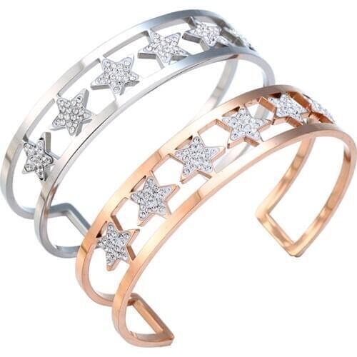 6 Stars Rhinestone Open Bracelets Bangles for Men Women Stainless Steel Bangle Pulseras Luxury Jewelry Gift 2020